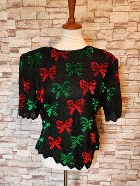 Laurence Kazar Festive Sequin Bow Black Red & Green Blouse